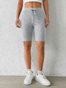 OYGA Women's Solid Ribbed Essential Cozy Fake Drawstring Sleep Bottom - Light Grey - View 4