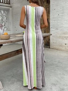 EMERY ROSE Đầm không tay kẻ sọc phối màu phong cách thường ngày dành cho nữ, thích hợp cho kỳ nghỉ. - màu xanh lá - Xem 2