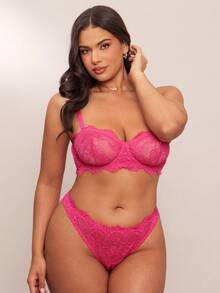 SHEIN BAE 2 件大码女式蕾丝无肩带抹胸透明内衣套装粉色蕾丝内衣套装，提拉 - 玫紅色 - 查看 5
