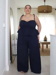 Pretty and Ole Navy Blue Casual Plus Size Women 2 Pieces Set: Camisole Top And Pants Casual Two Piece Set Cotton Two Piece Set Comfortable Two Piece Set - Navy Blue - View 5