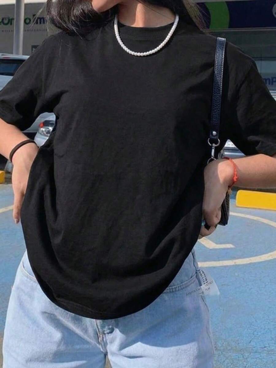 SHEIN Teen Girls Ribbed Crew Neck Short Sleeve T-Shirt - Black - View 1