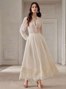 Anewsta Spring/Summer New Elegant Valentine's Day Beach Vacation Casual High Waist A-Line Lace Embroidered Women Long Pants & Skirt - Apricot - View 5