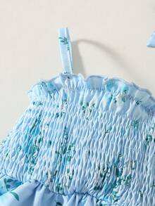 SHEIN Vintaside Kids BABYGIRL Summer Spaghetti Strap Romper With Ruffled Hem, Playful Design For Everyday Wear - Baby Blue - View 6