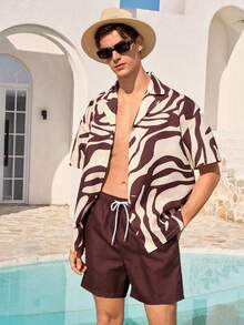 Manfinity VDAYZ Men's Drop Shoulder Short Sleeve Button Front Teal And Brown Colorblock Beach Outfit,Summer Casual Holiday Matching Couple Bathing Suit Set - Coffee Brown - View 3