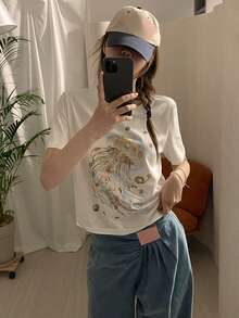 DAZY Women's Round Neck Korean Style Floral Print Handmade Beaded Short Sleeve T-Shirt Graphic Tees Women Summer - White - View 8