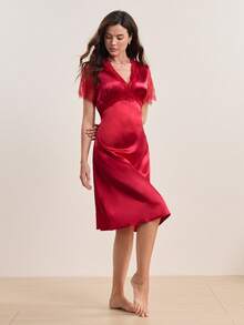 SilkySpell 对比色蕾丝缎睡衣 Luxeloungewear - 酒紅色 - 查看 6