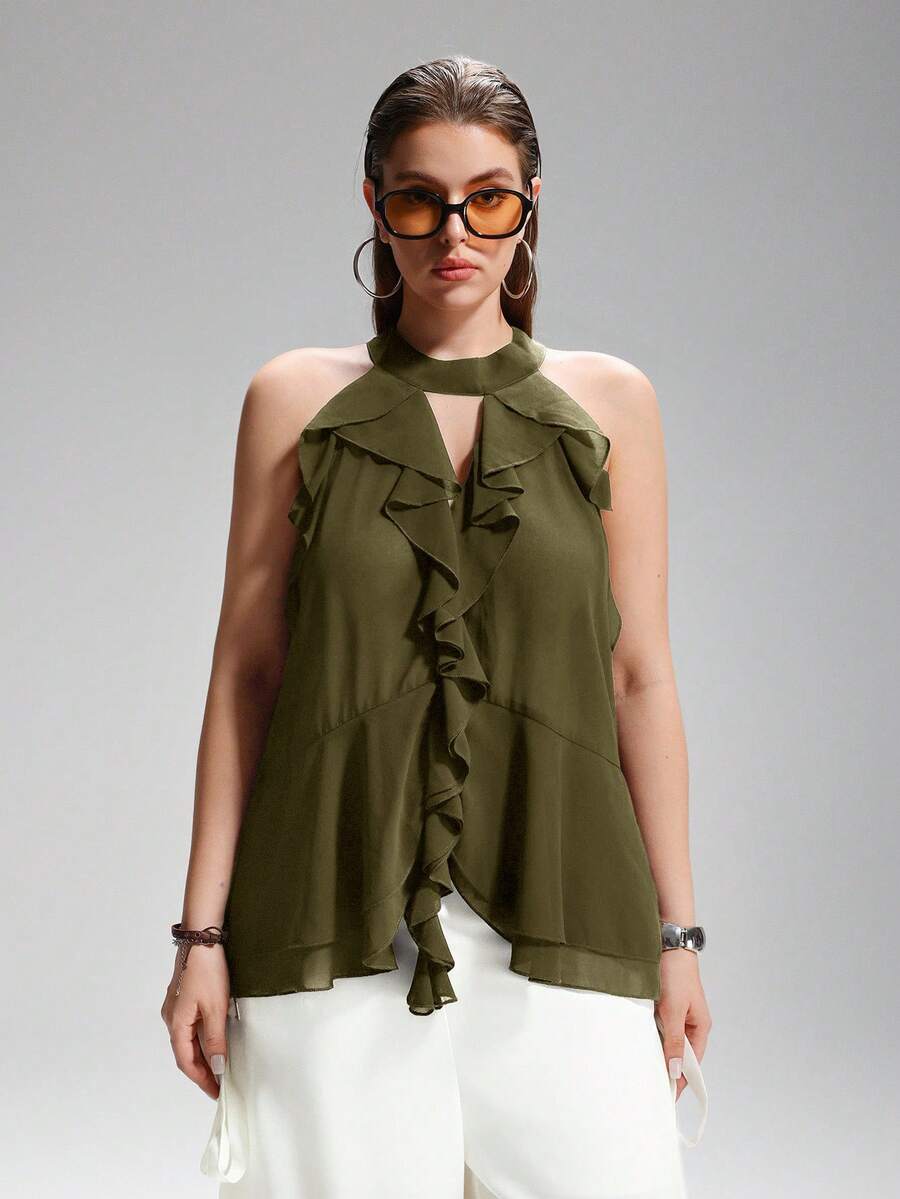 LYSMO Blusa de talla grande con cuello anudado y volantes de unicolor simple - Verde - Ver 1
