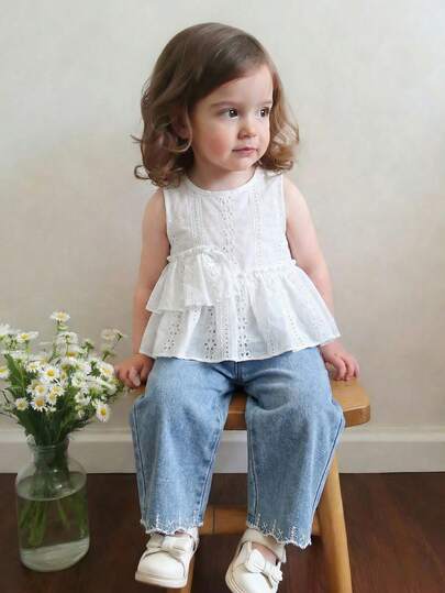 Souflis Souflis Bộ đồ đôi thời trang thường ngày cho bé gái, gồm áo gile cổ tròn, vạt bất đối xứng và quần dài denim màu xanh dương, chất liệu vải dày dặn, thêu họa tiết, đa năng cho mùa xuân/hè, thích hợp mặc ngoài trời, trong nhà, đi học, du lịch và mặc hàng ngày.