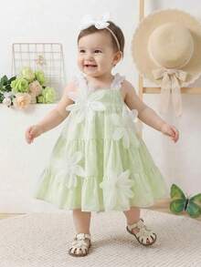 SHEIN Vintaside Kids Baby Girl Cute Bow Strap Dress, Summer - Green - View 14