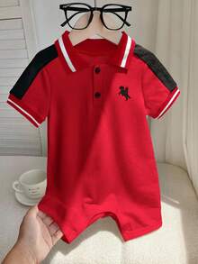 SHEIN Neugeborenes Baby Unisex bequemer, atmungsaktiver, kühler und feuchtigkeitsableitender weißer gestrickter Kurzarm-Romper, geeignet für Innen, Außen, Alltag, Sport, Spiel, Party, Fotoshooting, Urlaub, Festivals, Hochzeit, Babyparty und 1. Geburtstagsfeiern - Rot - View 3