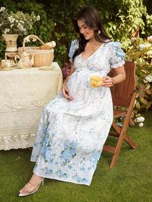 SHEIN Fashionable V-Neck Short Sleeve Flared Maternity Dress - White - View 5