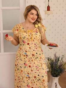 CottageSlumber 大码女式黄色底彩色花卉数码印花圆领双层荷叶边蝴蝶结柔软舒适罗纹针织面料喇叭袖中长连衣裙，休闲乡村风格，可作睡衣穿着 - 黃色 - 查看 5