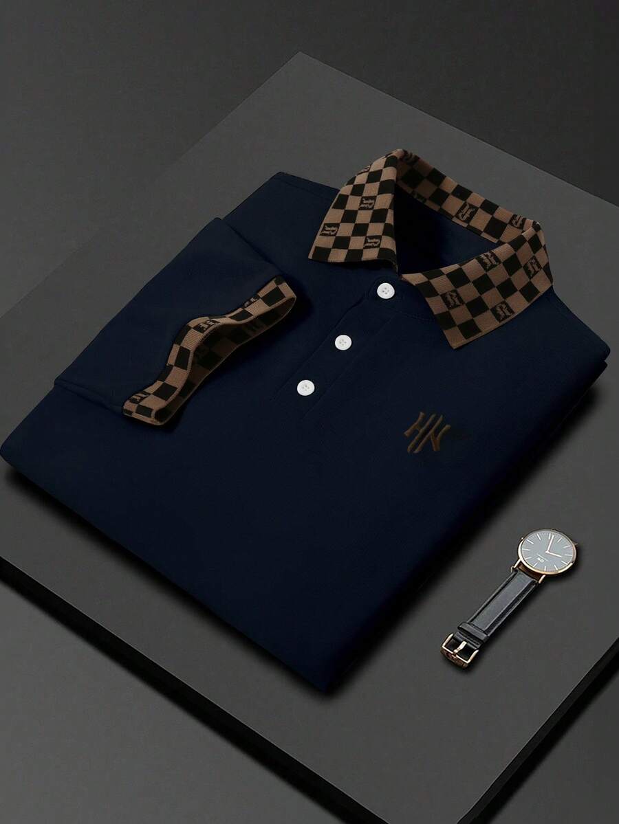 Calvornis 男士休閒棋盤格拼接短袖 Polo 衫,夏季正式品牌款,儀式適用 - 藏蓝色 - 查看 1