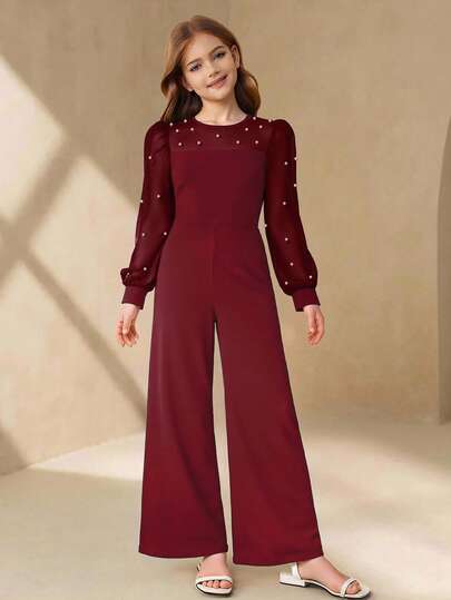 女童优雅简约时尚圆领插肩长袖网纱拼接3D珍珠装饰高腰纯色宽松长款连体裤，适合正式场合、毕业典礼、派对、圣诞节等，酒红色