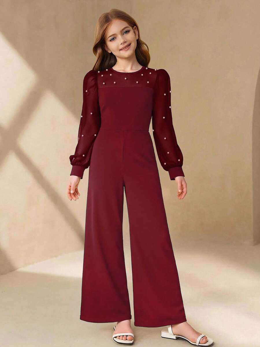 Girls' Elegant Minimalist Fashion Round Neck Raglan Long Sleeve Mesh Patchwork 3D Pearl Decor High Waist Solid Color Maxi Loose Jumpsuit, Suitable For Formal Occasions, Graduation, Party, Christmas, Wine Red - Burgundy - View 1