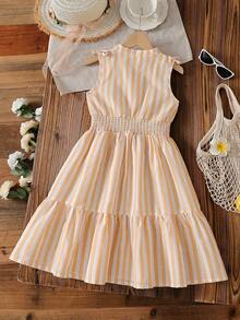 Vintaside Kids 少女夏季黄白条纹休闲无袖连衣裙，适合日常外出、休闲旅行、家庭聚会和度假。 - 彩色 - 查看 2
