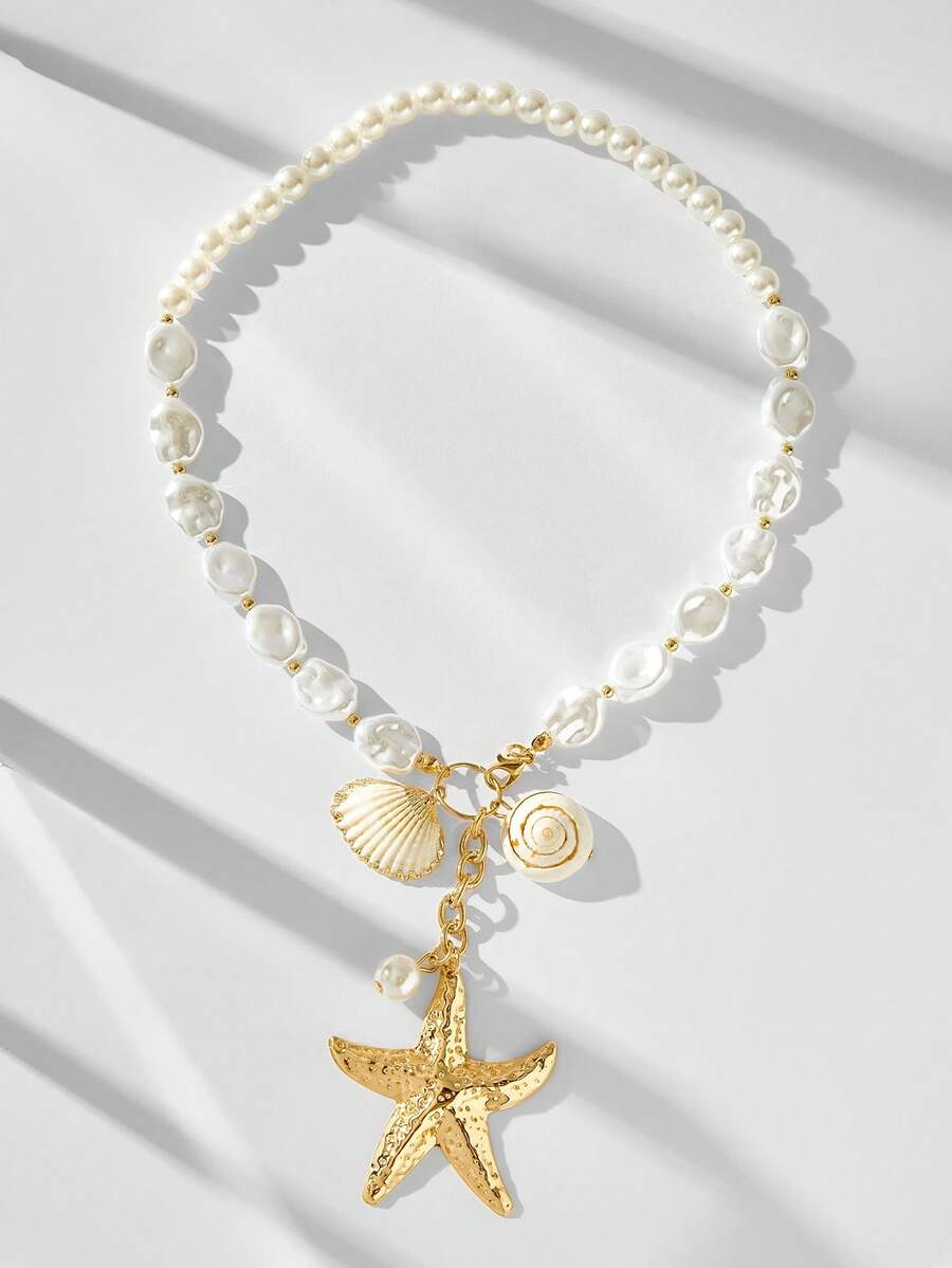 Maija Faux Pearl Beaded Starfish Shell Necklace, Suitable For Everyday Wear - Yellow Gold - View 1