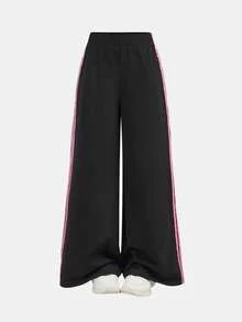 Tween Girls' Black & Pink Ribbon Loose Pants, Versatile Daily Wear, Spring/Summer New Arrival - Black - View 5