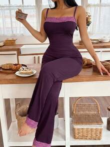 SweetSlumber Lace Patchwork Camisole And Pants Women Pajama Set - Purple - View 7