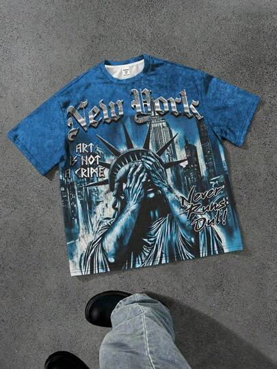 Teen Boy New Arrival Casual Minimalist Y2K Style, Tie-Dye, Statue Of Liberty Street Graphic Print, American Vintage, Loose Comfortable Short Sleeve Round Neck T-Shirt, Suitable For Summer