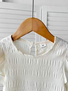 SHEIN LMoss Kids 女童纯色圆领荷叶边休闲衬衫 - 米色 - 查看 4