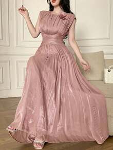Feyla New Arrival Waist Ruched 3D Floral Elegant Romantic Vacation Dress - Dusty Pink - View 3