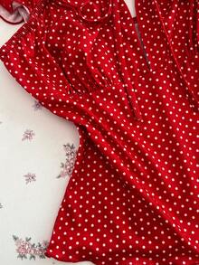 Elamini Áo thun nữ cổ vuông tay bồng in chấm bi đỏ, ôm sát, hở lưng, thích hợp cho mùa xuân/hè, đi nghỉ mát, đi biển, thanh lịch, ngọt ngào, dễ thương, cổ điển, dạo phố, hẹn hò, tối giản, đi làm, đa năng. - Đỏ - Xem 5