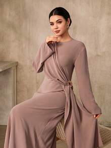 Graceveil Women's Solid Color Metal Decor Elegant Modest Muslim Long Dress,Pink And Brown Autumn Party Dining Abaya Cape Detail Formal Wedding Guest Dresses - Light Grey - View 7