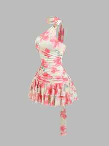 Sweetra Y2K Sexy Asymmetric Neck Pleated Drawstring Ruffle Hem Vacation Dress - Multicolor - View 4