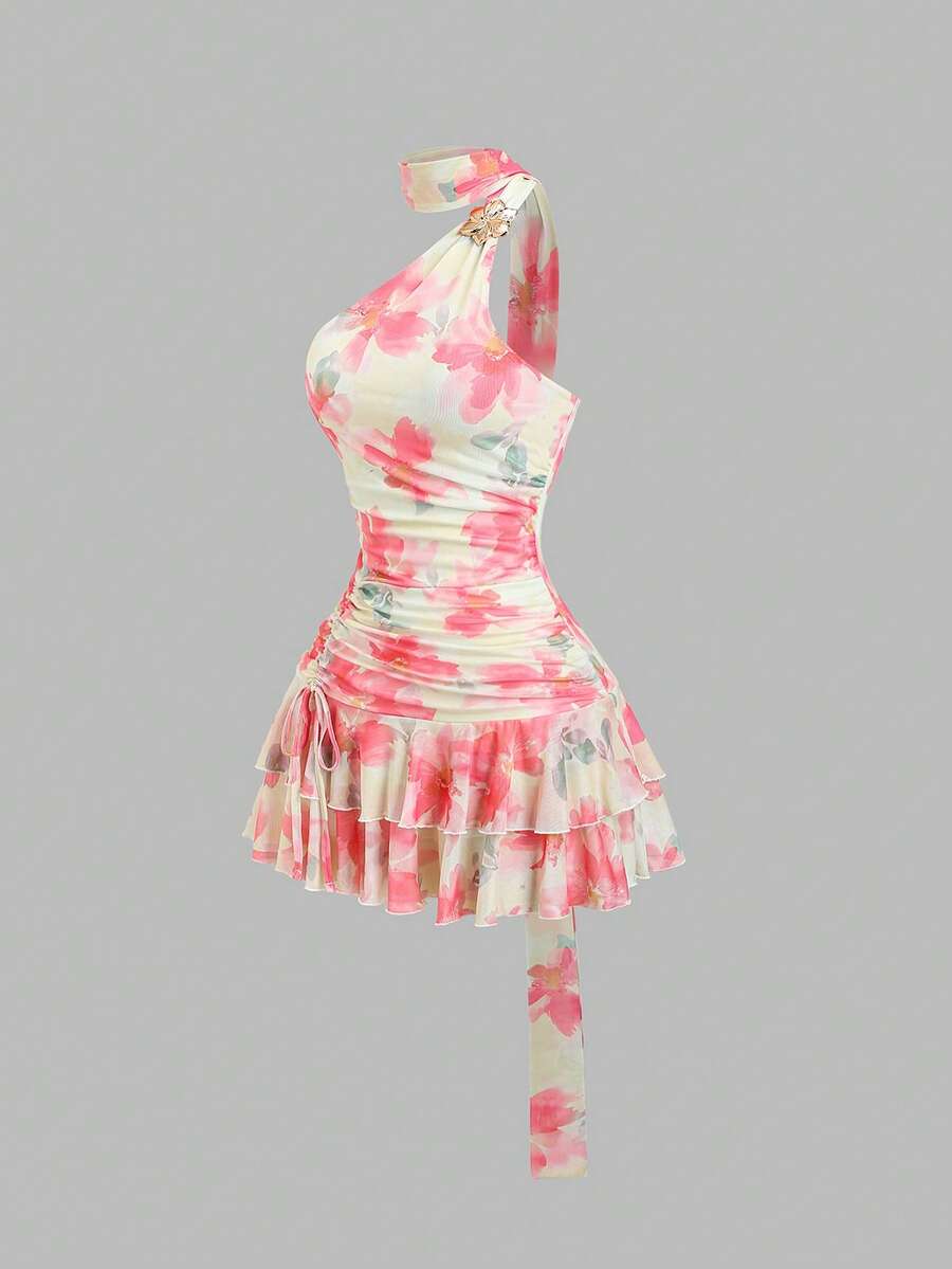 Sweetra Y2K性感不对称领口褶皱抽绳荷叶边下摆度假连衣裙 - 彩色 - 查看 1