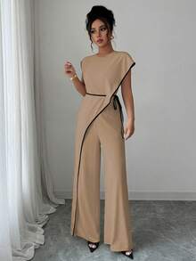 Selianne 女士圆领饰边设计侧系腰带两件式阔腿连体裤 - 咖啡棕 - 查看 5