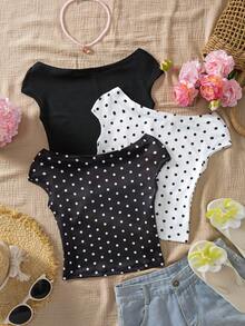 Sparklyn Bộ 3 áo thun nữ ôm sát, trễ vai, nhiều màu sắc, thích hợp cho kỳ nghỉ. - Đen và trắng - Xem 2