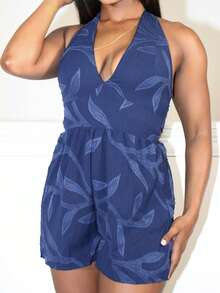 Steph T 女士度假棕色柳条纹理 V 领露背系带蝴蝶结开襟连体衣，适合海滩、音乐节、嬉皮士、派对、约会、下午茶 - 藏蓝色 - 查看 6