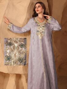 Al Najma Luxurious Embroidered Beaded Loose Jacquard Fabric Turkish & Arabic Traditional Long Robe For Women - Pink - View 6