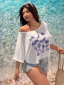 SHEIN EZwear 大码女式贝壳水母印花宽松白色休闲T恤 - 白色 - 查看 4