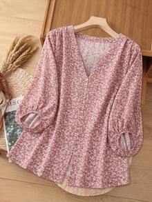 SHEIN LUNE CURVE Áo kiểu nữ cỡ lớn tay lửng cổ chữ V họa tiết hoa nhí, phong cách thường ngày. - Hồng - Xem 1