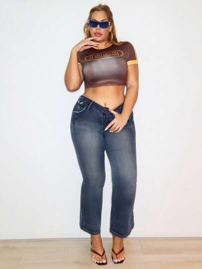 MelDlgn Camiseta corta de cuello redondo de manga corta ajustada de talla grande