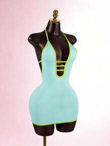 SaltGleam SaltGleam Vestido mini sexy con cuello en V y ribete de contraste para mujer - Azul - Ver 1
