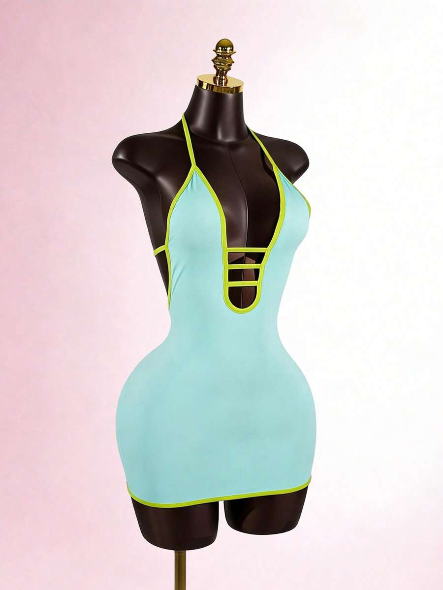 SaltGleam SaltGleam Vestido mini sexy con cuello en V y ribete de contraste para mujer - Azul - Ver 1