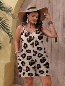 EMERY ROSE Plus Size Casual Leopard Print Jumpsuit, Suitable For Summer Spring - Khaki - View 3