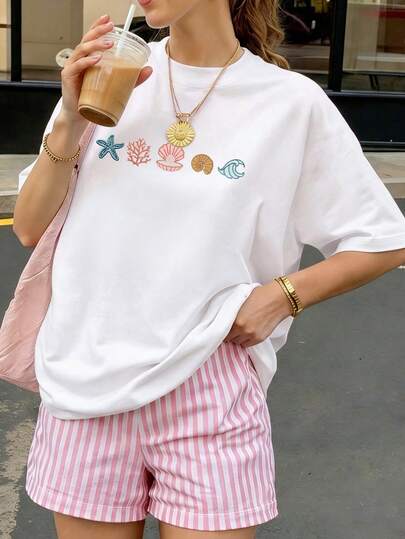 Girls' Teens Short Sleeve Top, Ocean Element Print Fashion Casual, White Round Neck Short Sleeve T-Shirt Comfortable Versatile, Suitable For All Seasons And Beach Vacation