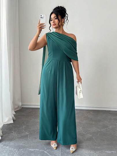 Elenzga 大码女式优雅休闲时尚设计透视雪纺拼接不对称肩部无袖收腰长款绿色休闲连体裤