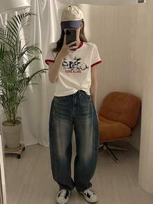 DAZY 女士撞色滚边圆领短袖可爱兔子印花T恤 - 白色 - 查看 4