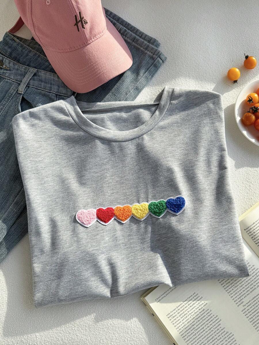 Comfortcana Tricou colorat 3D din pluș cu inimă, guler rotund, mânecă scurtă, casual, gri deschis, mărime plus - Gri deschis - Vizualizare 1
