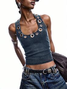 LYSMO Women's Hollow Circle Halter Backless Camisole - Blue - View 4