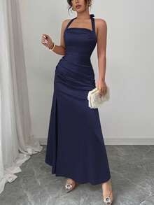 Rafferiza Elegant Champagne Color Bodycon Camisole Elastic Satin Thigh High Slit Dress - Navy Blue - View 6