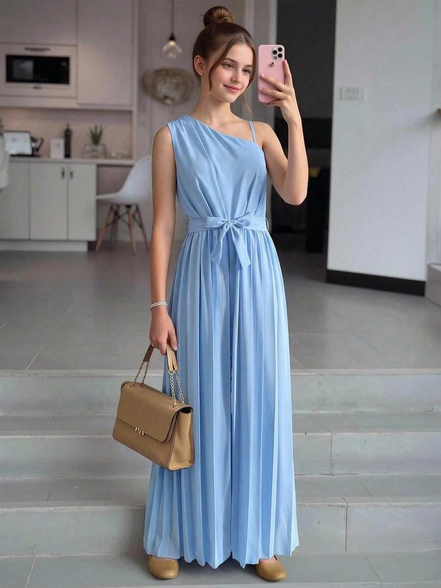 SHEIN Teen GirlAsymmetric Shoulder Jumpsuit, Fashion Elegant Wide Leg Pants With Belt, Suitable For Daily Outings And Gatherings, Spring/Summer Jumpsuit Teen Girls Rompers For Girls Wedding Guest Teen Outfit Wide Leg Jumpsuit Jumpsuits For Woman - Black - View 1