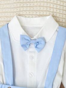SHEIN 2pcs Baby Boys Formal Gentleman Style Outfit Set, Including White Long Sleeve Collared Shirt With Bow Tie And Casual Suspender Pants, Fashionable Elegant Handsome, Suitable For Birthday Party, Ceremony, Performance, Wedding, Christening And Celebration Events, Spring/Autumn - Blue - View 3
