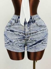 Mistrie Women's Casual Washed Frayed Hem Denim Shorts - Blue - View 5