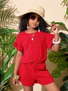 2pcs Tween Girls Casual Vacation Set: Short Sleeve Top & Elastic Waist Shorts - Red - View 4